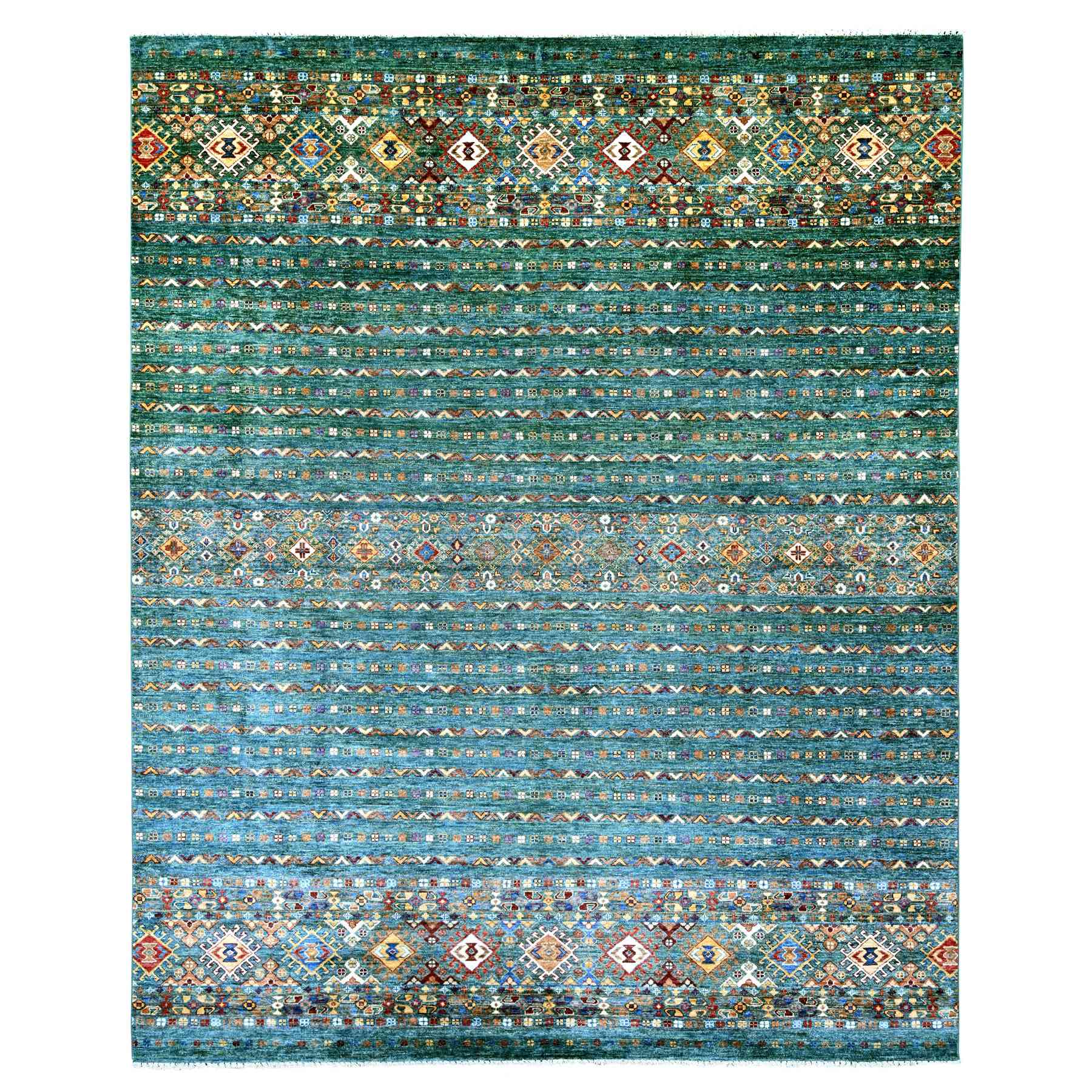 Teal Green, Afghan Super Kazak with Khorjin Design, Hand Knotted, Soft and Velvety Wool, Vegetable Dyes, Oriental Rug